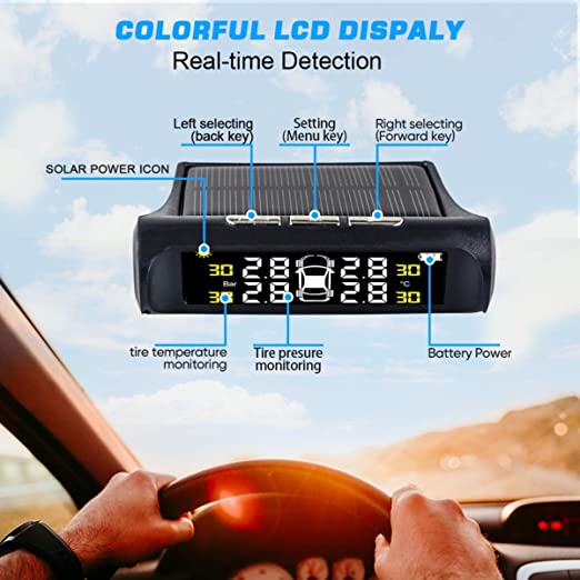Tire Pressure Monitoring Systems TPMS 6 Alarm Modes Wireless Solar Power and USB Charge with 4 External Sensors Real Time Pressure and Temperature Alarm Auto Safety Monitor for Truck Rv Trailer Car