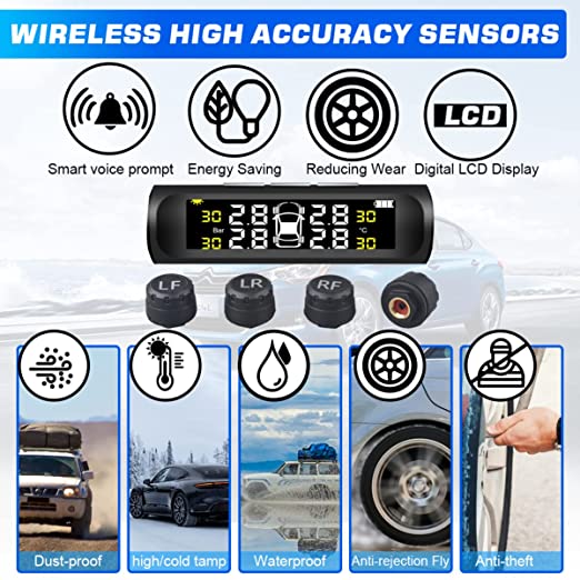 Tire Pressure Monitoring Systems TPMS 6 Alarm Modes Wireless Solar Power and USB Charge with 4 External Sensors Real Time Pressure and Temperature Alarm Auto Safety Monitor for Truck Rv Trailer Car