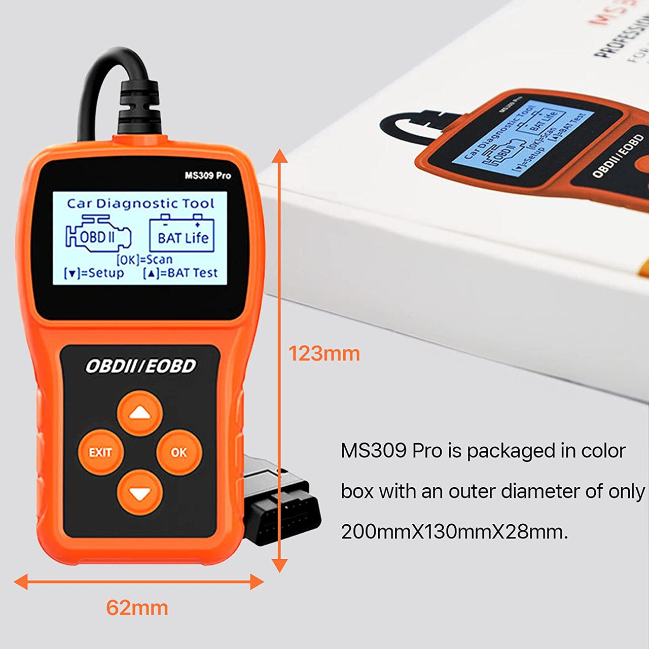 OBD2 Scanner MS309 Pro Car Engine Fault Code Reader, Battery Tester Car Fault ,Check Engine Light and Emission Monitor Status, OBDII CAN Diagnostic Scan Tool with Multi-Languages