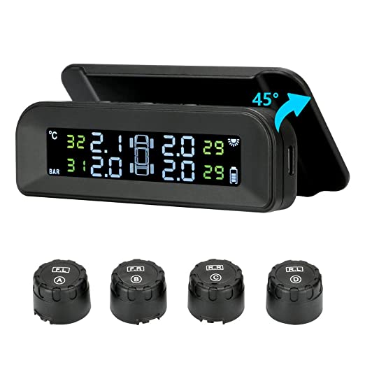 Tire Pressure Monitoring System Wireless Solar TPMS, Tire Pressure Monitor Installed on Windowshield with 4 External Sensors Real-time Display Temperature Pressure 22-87 PSI for Car RV SUV MPV Sedan